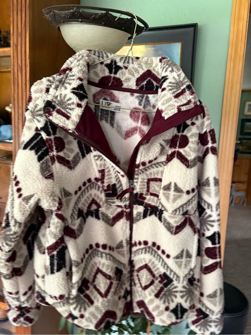 Aztec Sherpa Teddy Jacket in Cream & Burgundy